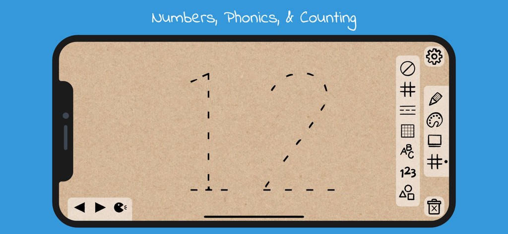 A toddler drawing app showing dashed lines for tracing the number twelve on a cardboard texture background