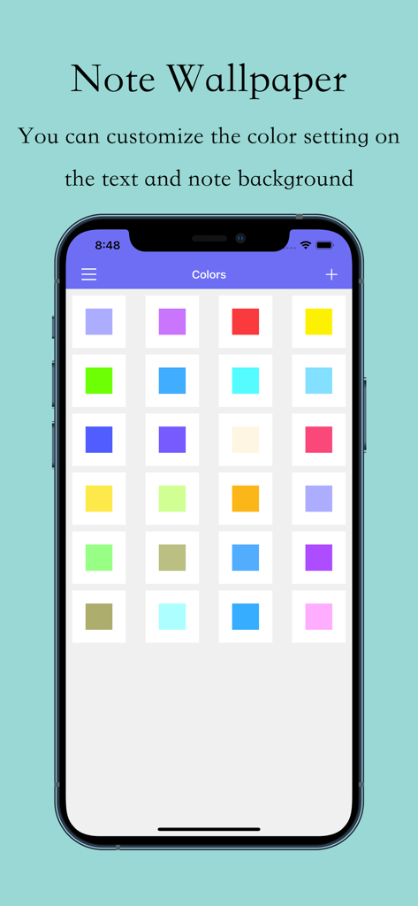 付箋の背景をカスタマイズするためのさまざまなカラーオプションのグリッドを表示するiPhone画面