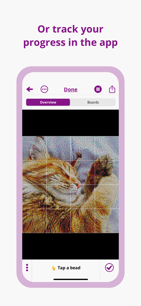 Perlypop: Perler beads - Captura de pantalla de la aplicación Perlypop que muestra un patrón de cuentas de fusión de un gato con una función para seguir el progreso tocando las cuentas.