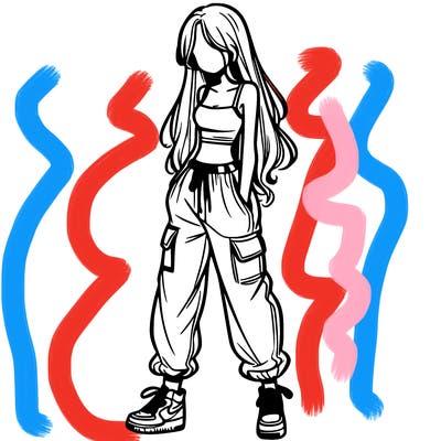 girl in baggy pants crop top and long hair