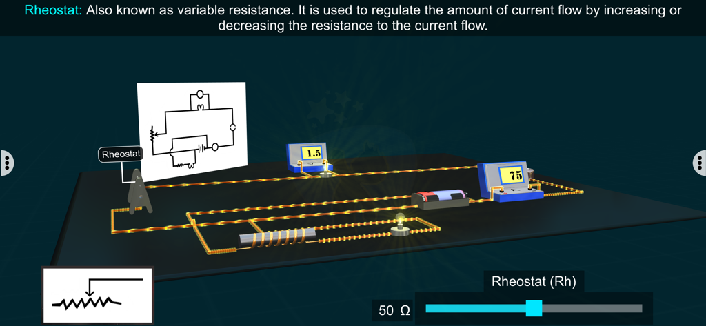 Circuit Diagram – EduTech Era - 抵抗と電流を調整するためのスライダーを備えた抵抗器を備えた電気回路のインタラクティブな3Dシミュレーション。