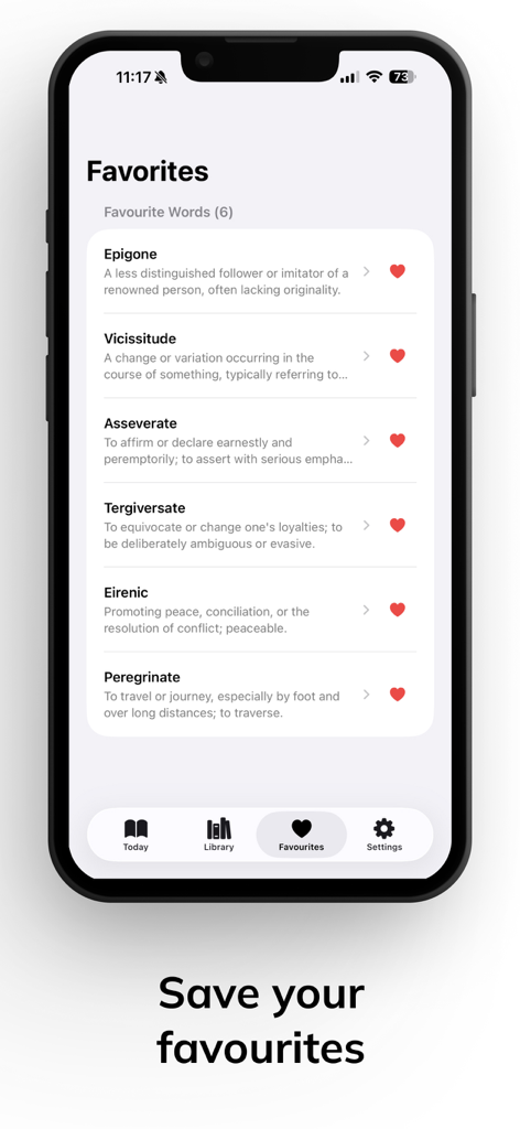 Eloquence - Speak Smarter - A smartphone screen displaying the Favorites section of the Eloquence app with a list of saved sophisticated words and their definitions.