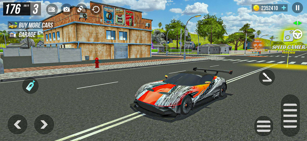 Captura de pantalla del juego de Car Driving Real Drag Racing mostrando un coche deportivo personalizado en una calle de la ciudad