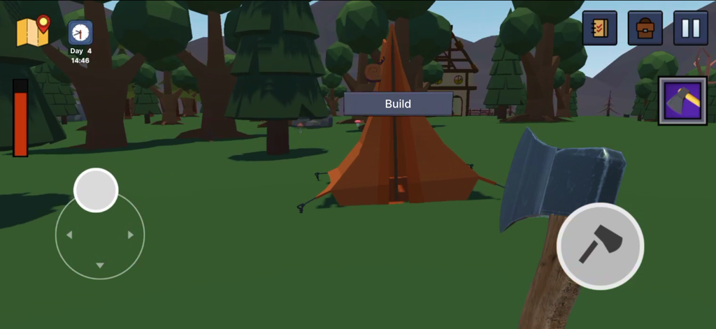 99 Nights In Forest: Survival - First person view of a player holding an axe and building an orange tent in a forest survival game