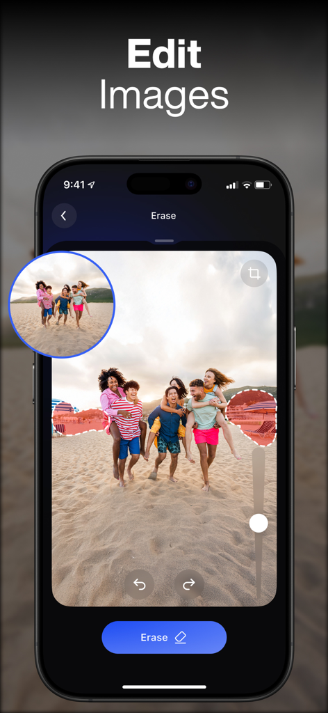 La interfaz de la aplicación IA DaVinci que muestra la herramienta de borrado utilizada para eliminar personas de una foto de playa.