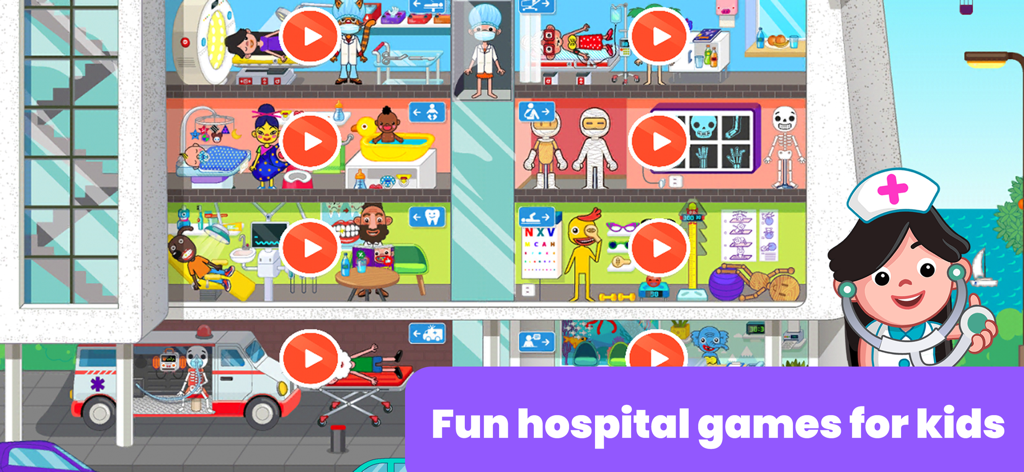 Hospital Games for Kids - Ospedale a cartoni animati colorato a più piani che mostra diverse stanze mediche e un personaggio infermieristico amichevole