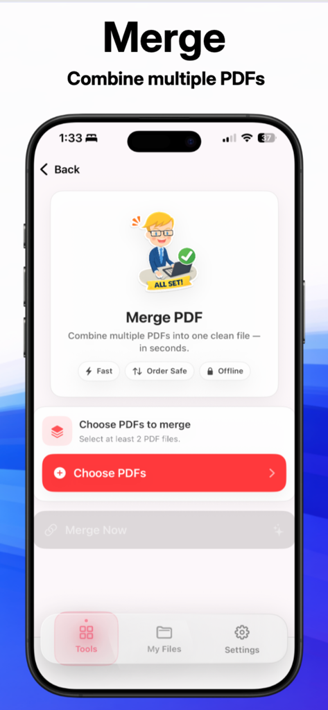 Pantalla de la aplicación móvil para combinar múltiples archivos PDF en un solo documento, mostrando un botón rojo para elegir archivos.