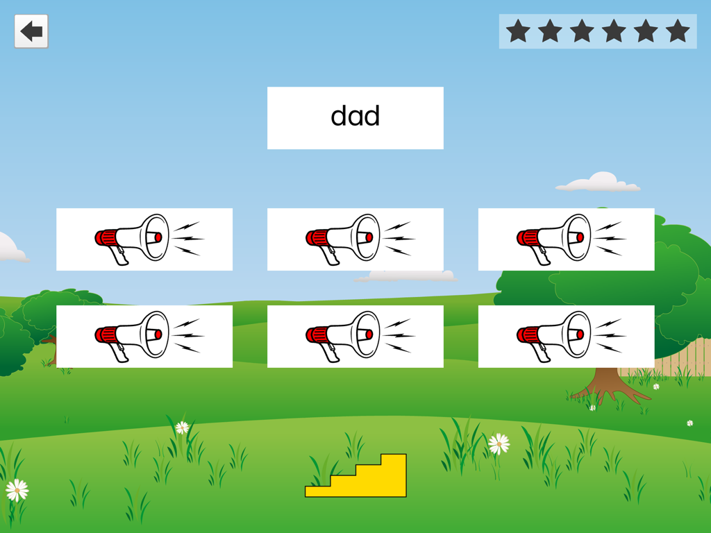 FlashWords AAC - FlashWords AAC app interface showing a word recognition exercise with the word dad and audio icons