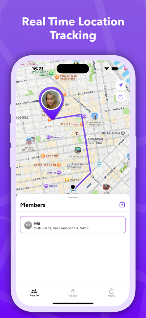 SpyNger: Find Family & Friends - SpyNger app interface displaying real time GPS location tracking of a family member on a city map