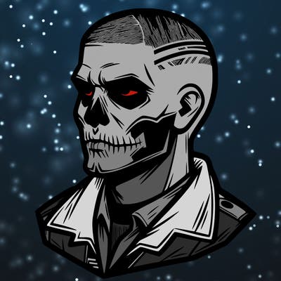 man with skull face and buzz cut