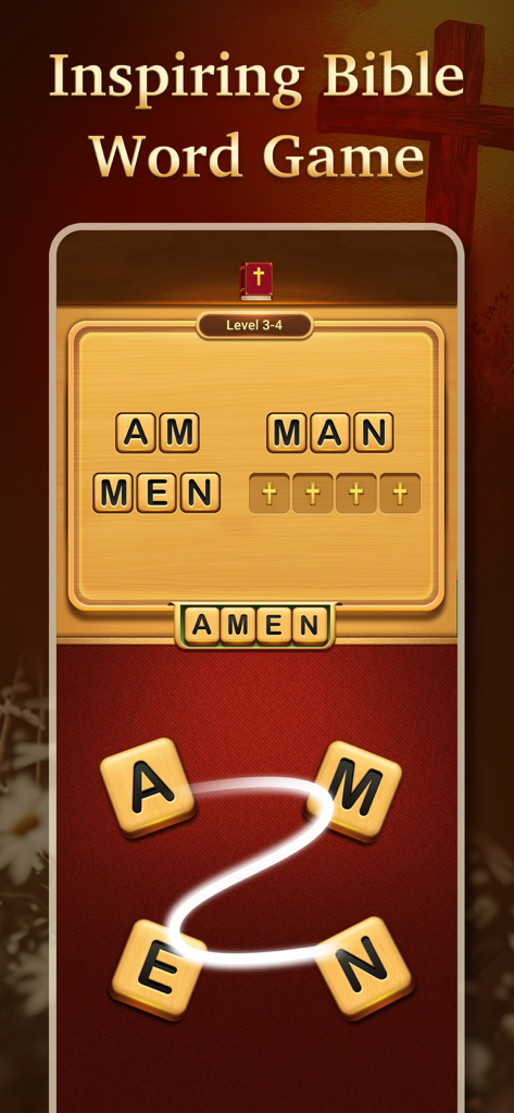 A screenshot of the Bible Word Puzzle game showing a word connect level with the word AMEN