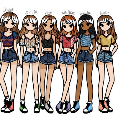 a group of girls wearing crop tops and shorts