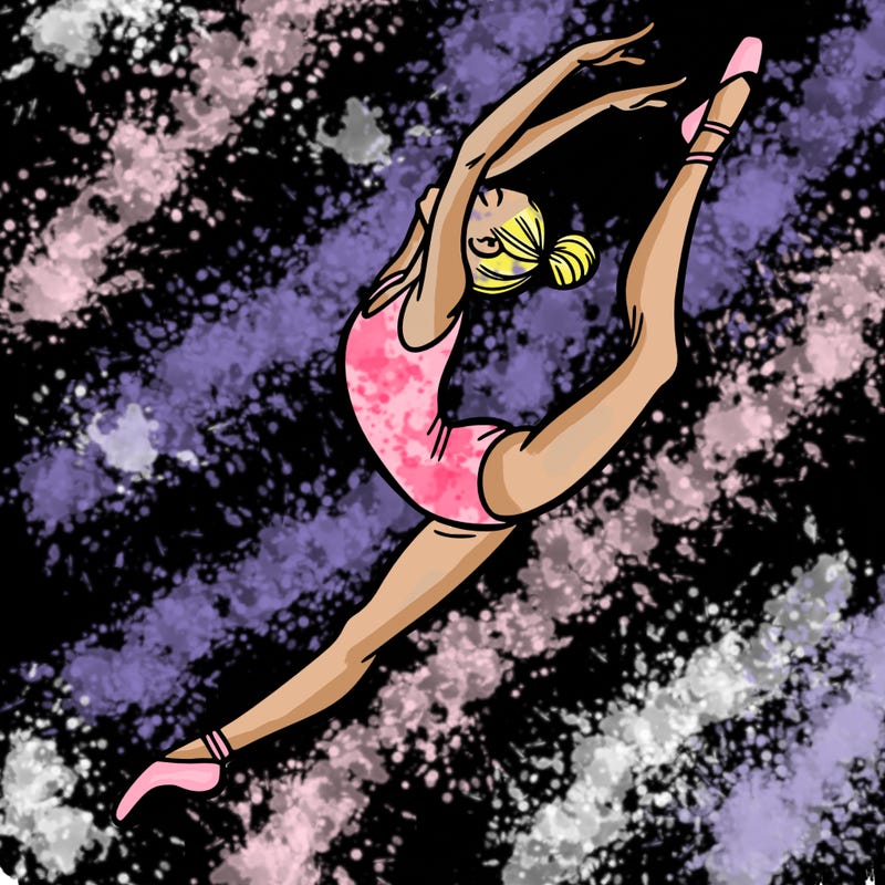 gymnast doing a leap in a leotard with a bent back leg