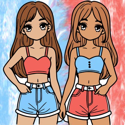two sisters with crop tops and jean shorts and straight hair
