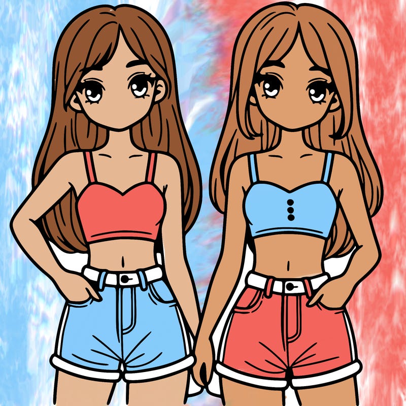 two sisters with crop tops and jean shorts and straight hair