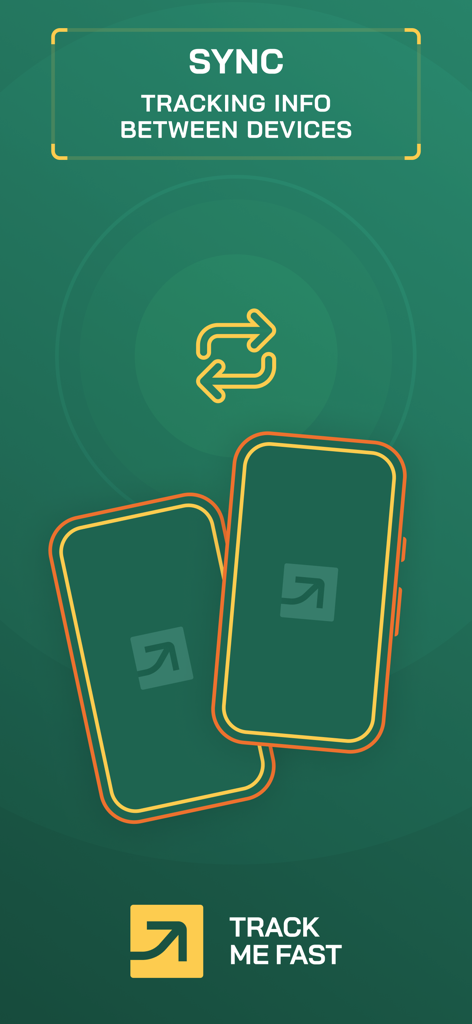 Track Me Fast Package Tracker - Graphic showing synchronization of package tracking information between two mobile devices for Track Me Fast app