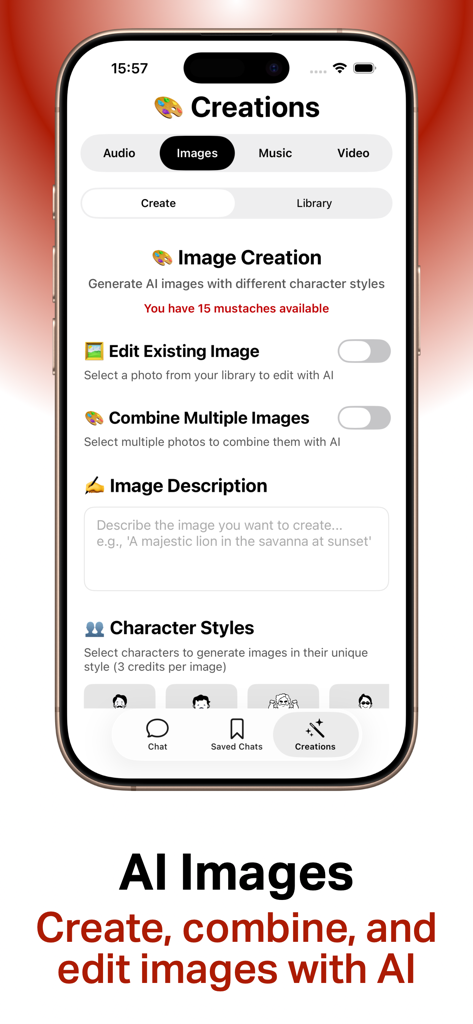 JAMES - AI Chat, Images, Audio - Interface of the James app showing AI image creation options including image editing and combining