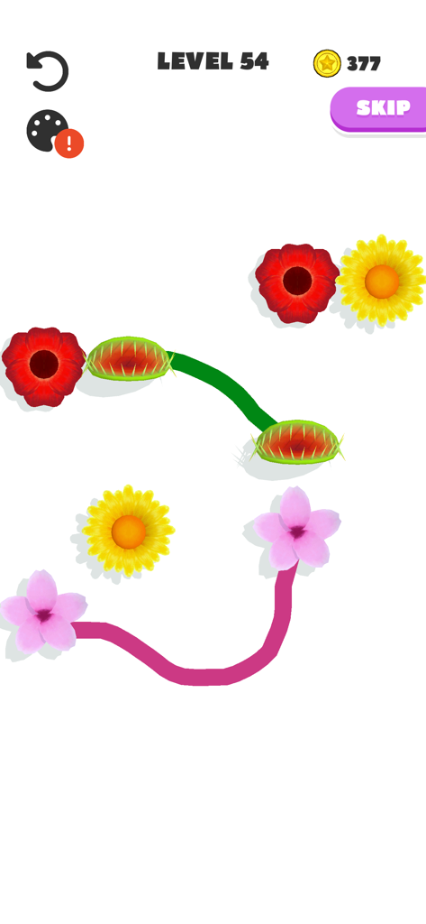 Connect Balls - Line Puzzle - - Nivel 54 de Connect Balls Line Puzzle mostrando flores coloridas y plantas carnívoras conectadas por líneas sobre un fondo blanco