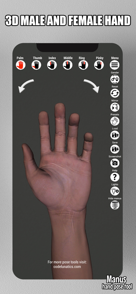 Screenshot of the Manus app showing a realistic 3D hand model with interactive posing controls for artists