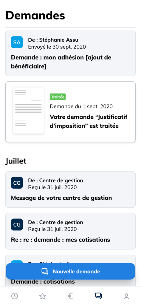 Screen of the Mercer ma sante mobile app displaying a list of health insurance requests and communication history