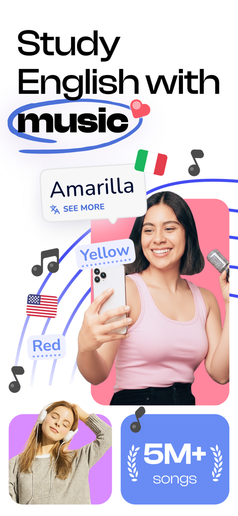 Singit: Learn English & Music - 사람들이 가사와 번역이 있는 음악을 듣고 따라 부르며 영어를 배우는 모습을 보여주는 Singit 앱 홍보 그래픽