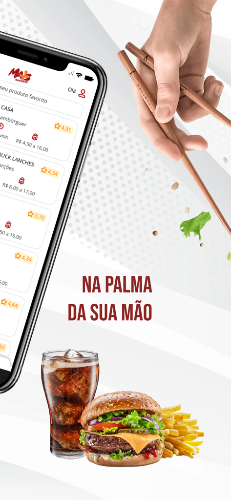 Mais Delivery APP - Smartphone showing the Mais Delivery app interface with restaurant listings and a burger meal