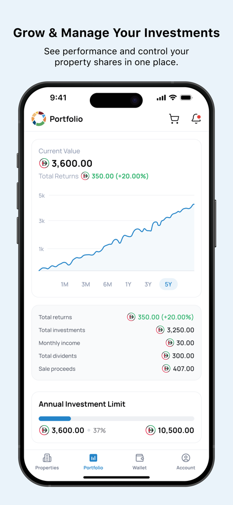 MAISOUR - ميسور - MAISOUR app portfolio screen showing investment growth and property returns