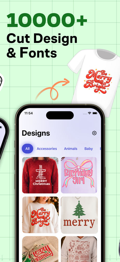 Cutting Studio - Cutting Studio app interface showing a library of over 10000 cut designs and fonts for DIY craft projects like custom t-shirts.