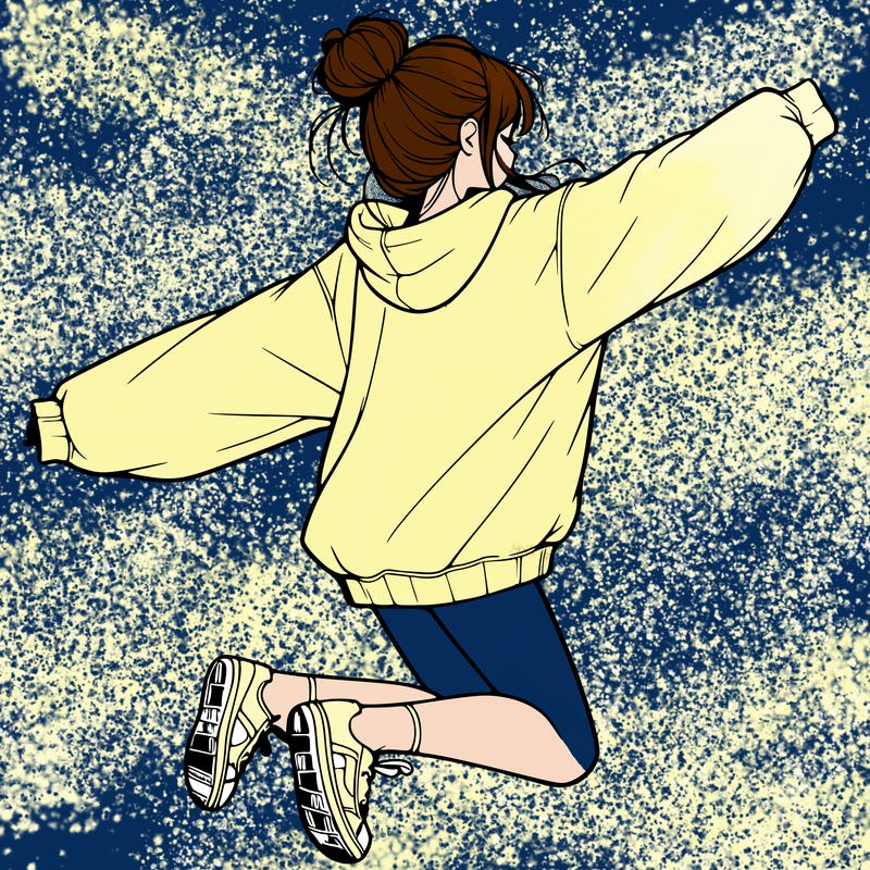 realistic girl jumping with a bun and oversized sweatshirt