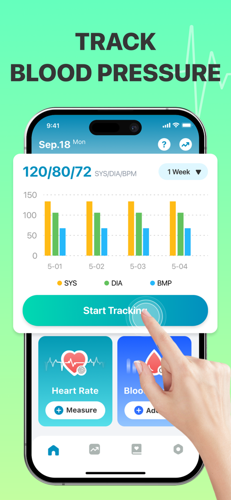A mobile app interface displaying a weekly bar chart for tracking blood pressure and heart rate with a start tracking button.