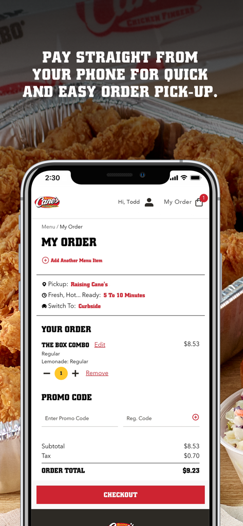 Raising Cane's mobile app checkout screen showing an order for a Box Combo meal and a red checkout button