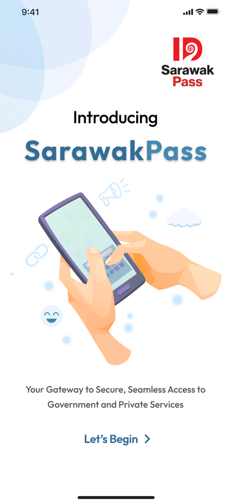 SarawakPass - SarawakPass app introduction screen featuring hands holding a smartphone and a gateway to government services message