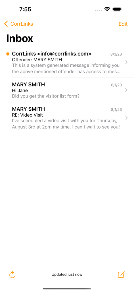 CorrLinks mobile app inbox screen showing message previews from an inmate.
