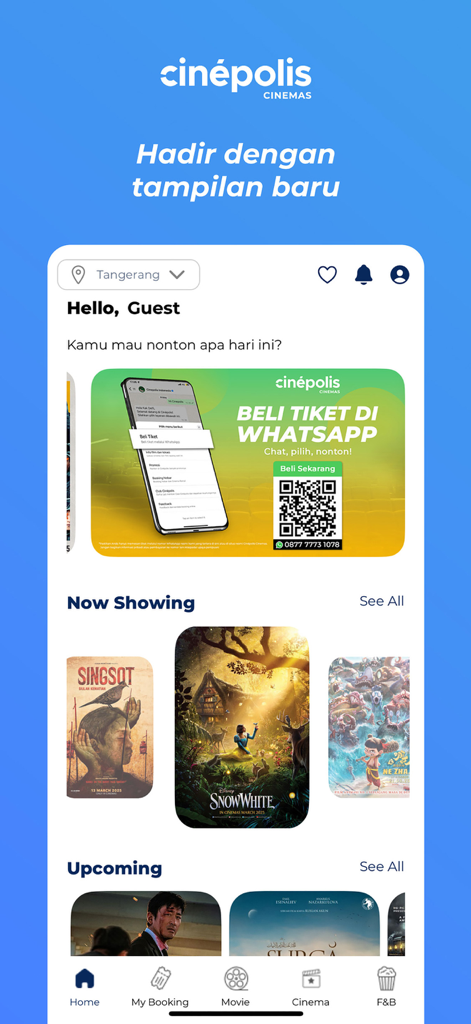 Tela inicial do aplicativo móvel Cinépolis Cinemas Indonésia exibindo listas de filmes e promoções de ingressos.