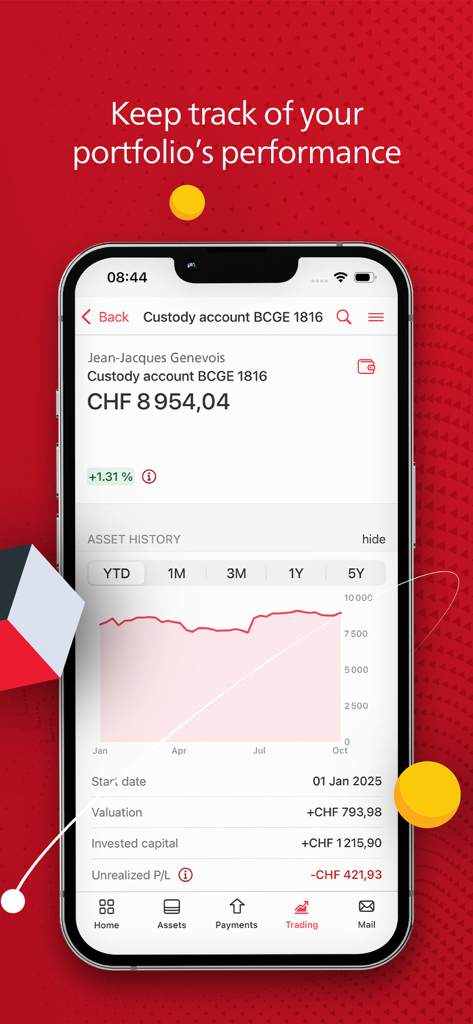 BCGE Mobile Netbanking app interface showing a custody account portfolio performance graph and asset history in Swiss Francs.