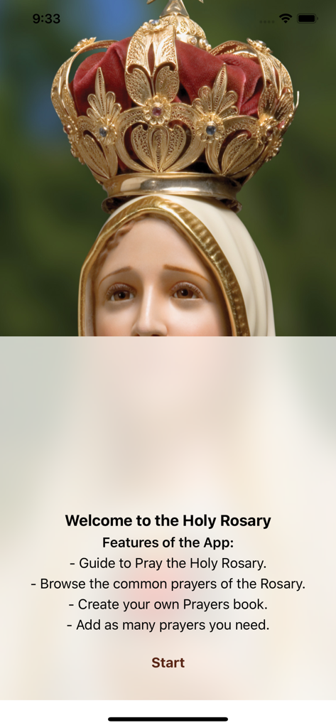 The Holy Rosary - Welcome screen of The Holy Rosary app featuring the Virgin Mary and app features list