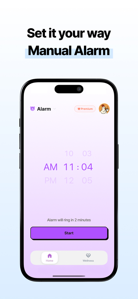 Manuelle Weckereinstellungs-Oberfläche in der Kkokkio App mit einem Zeitauswähler und einem Startknopf auf lila Hintergrund
