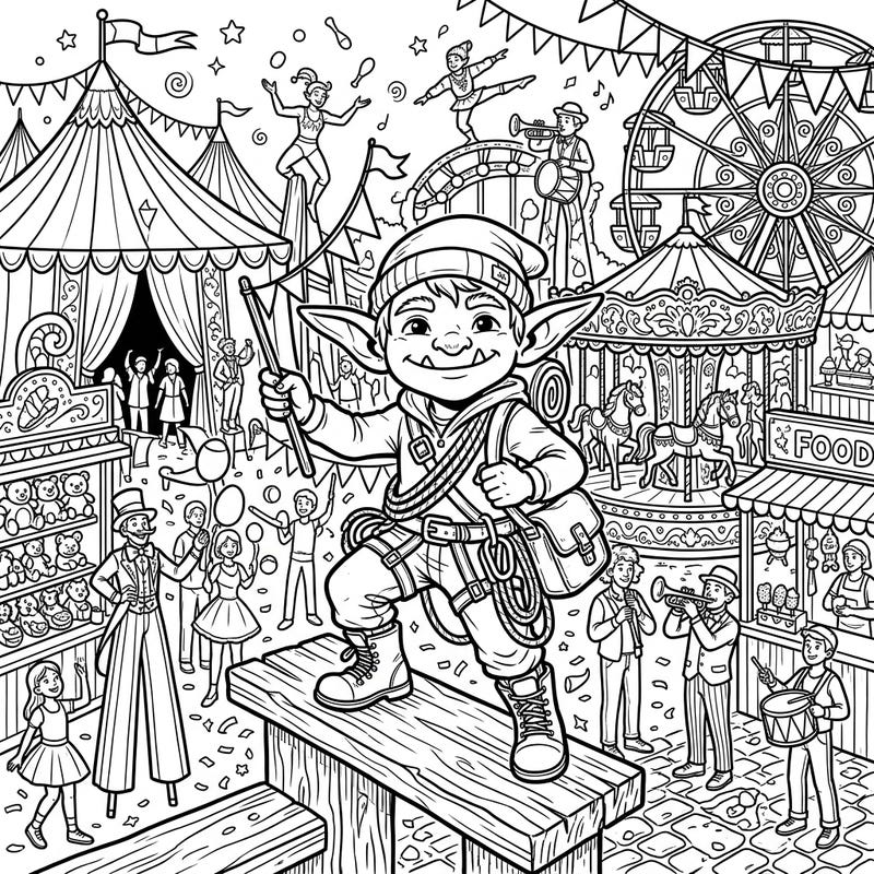 Join a friendly Mountain Goblin for an unforgettable adventure at a bustling carnival! This detailed coloring page features festive circus tents, thrilling rides, and lively performers waiting for your creative touch.