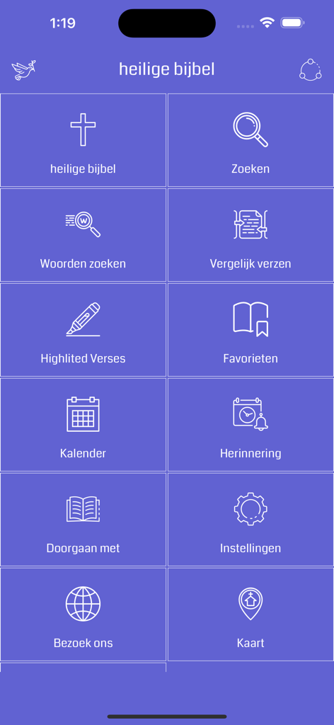 Bijbel offline - Menú principal de la aplicación Biblia sin conexión que muestra herramientas de estudio religioso en español