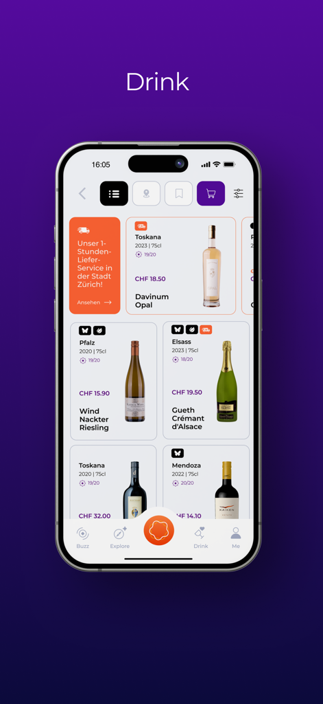 VINFINITY - Interfaz de la aplicación móvil de Vinfinity que muestra una lista curada de vinos con calificaciones y precios.
