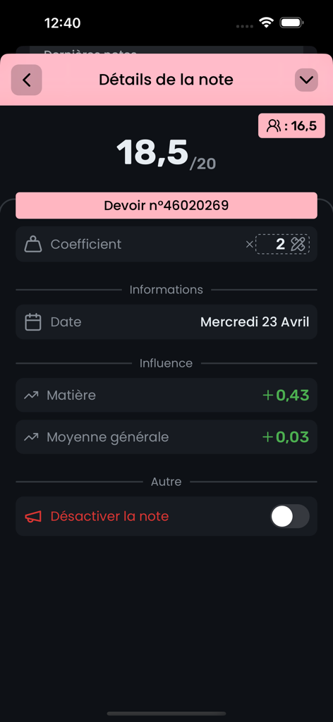 A detailed view of a student's grade in the MoyennesED app showing a score of 18.5 out of 20 and its impact on the general average.