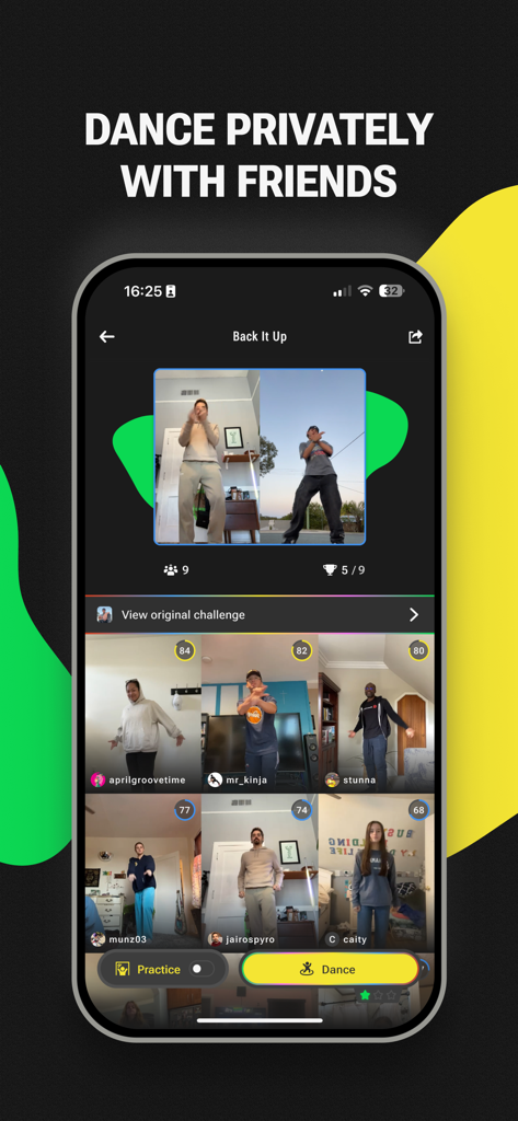 Groovetime - Social Dance Game - Interfaz de la aplicación móvil que muestra un desafío de baile grupal privado con las presentaciones de video de múltiples usuarios y puntuaciones de IA.
