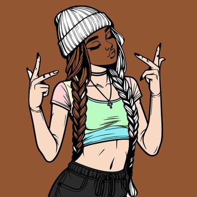 realistic teenage girl with braids and a beanie and crop top doing 🫶🏼