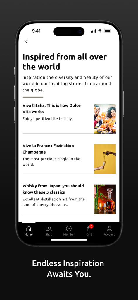 The Heinemann app screen displaying curated lifestyle and travel articles titled Inspired from all over the world.