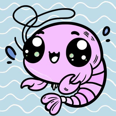 kawaii shrimp: with a big smile and waving its little claws only two eyes