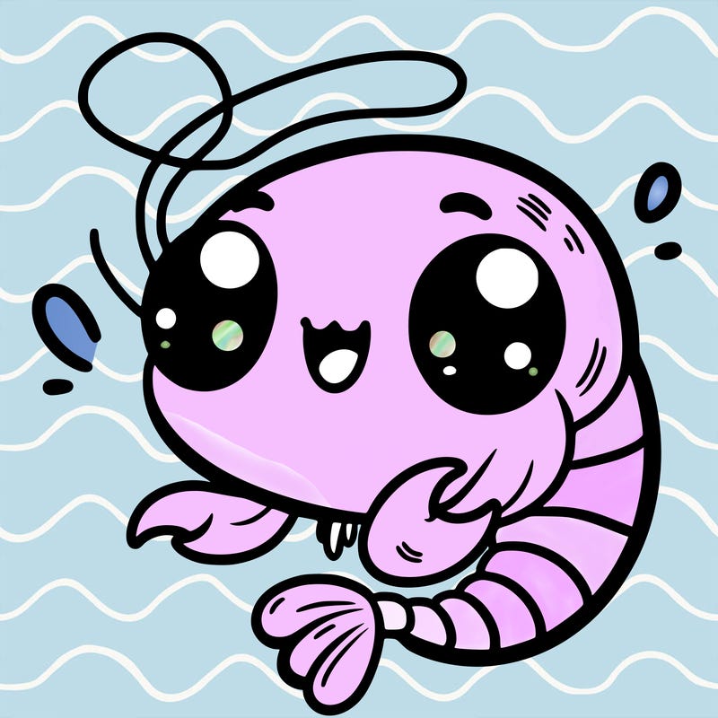 kawaii shrimp: with a big smile and waving its little claws only two eyes