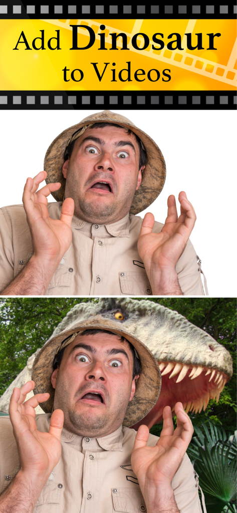 Jurassic AR Camera 3D Glasses - サファリハットをかぶった男性が、ビデオに追加された大きなAR恐竜に怯えている様子