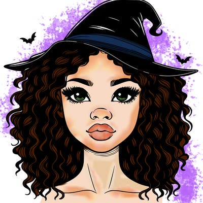 realistic black girl with wavy hair and witch hat and nose and lips