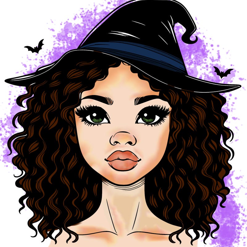 realistic black girl with wavy hair and witch hat and nose and lips