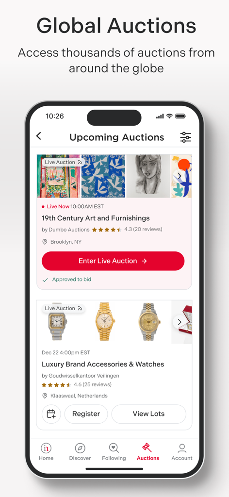 Invaluable Auctions: Bid Live - Eine mobile App-Oberfläche, die bevorstehende globale Auktionen für feine Kunst und Luxusuhren anzeigt